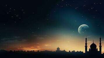 crepúsculo cielo con mezquitas Hazme y creciente Luna representando islámico creencias y varios ocasiones foto