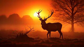 rojo ciervo ciervo silueta a Reino Unido amanecer durante en celo temporada foto