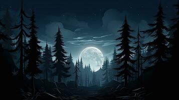 Halloween forest with spruce trees under a mysterious full moon photo