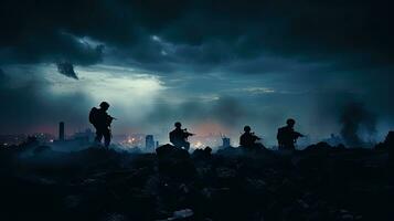 Selective focus on ruined city skyline at night soldiers silhouettes below foggy war sky depicting a fighting scene in the concept of war photo