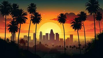 Gorgeous dusk over LA s downtown skyline and palm trees photo