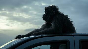 Fuzzy monkeys perch on car roof in Gibraltar attempting to reach each other photo