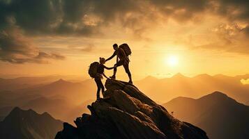 Couple hiking together assisting each other forming a climbing team on mountain at sunset photo