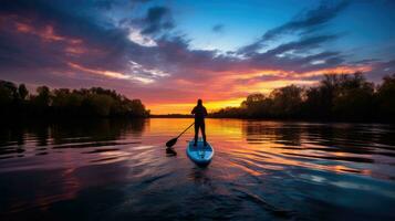 Silhouette of people on paddle board at sunset on calm winter river seen from blue kayak photo