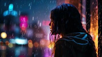 gotas de lluvia en un borroso vaso ventana con un silueta niña en un ciudad calle a noche rodeado por vistoso neón ciudad luces foto