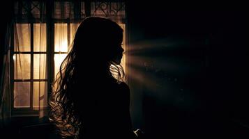 Backlit window showcasing silhouette of young girl with dark face and shining hair on vertical banner photo