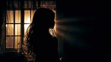 Backlit window showcasing silhouette of young girl with dark face and shining hair on vertical banner photo