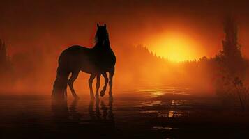 Silhouetted Arabian horse against sunrise in dense fog photo