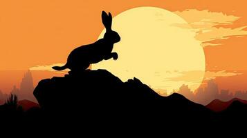 Conejo s sombra saltos sobre grande roca foto