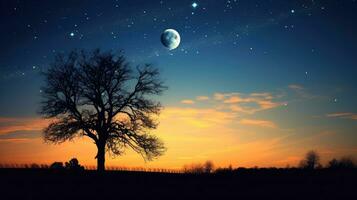 Moon and Venus above a silhouetted tree against a blue and yellow night sky with soft focus trees in the background photo