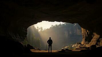 Person s outline in Idagrotte between cave walls Elbe Sandstone Mountains Saxony Switzerland Germany photo