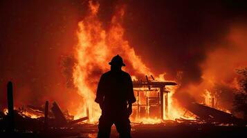 Silhouette of firefighter in front of blazing house photo