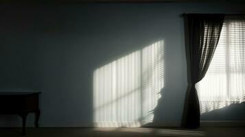 Shadows and silhouettes appear on the wall as the window light shines through the curtain photo