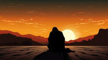 Muslim praying at dusk in the desert photo