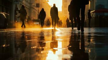 Indistinct silhouettes of people walking on a wet city street on a rainy spring day photo