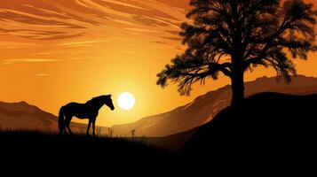 caballo forma en un colina con amanecer y dorado cielo foto