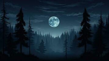 Halloween forest with spruce trees under a mysterious full moon photo