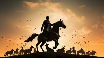 Statue of horse rider with flying birds photo