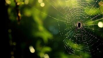 High quality photo of a spider in a web on a green background with selective focus