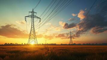 Sunset scene with high voltage power line in field photo