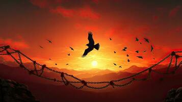 Freedom represented by bird flying and broken chains against sunset mountain backdrop photo