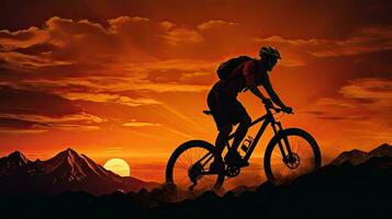 Mountain biker in sunset symbolizing triumph overcoming challenges and working out photo