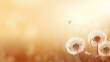 Dandelion flowers cast a natural shadow on beige paper creating an abstract and decorative composition in pastel shades The neutral nature concept features a blurred backgr photo