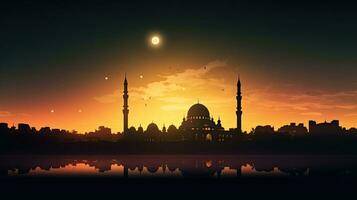 Islamic night featuring a silhouette mosque against a sunset sky with a moon creating a holy ambiance photo