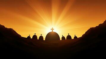 Resurrection empty tomb with crosses at sunrise photo