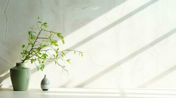 Green branch of tree with shadow against white marble tile wall and wood table with copy space in the spring sunlight photo