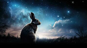 Moonlit sky with hare or rabbit silhouette photo