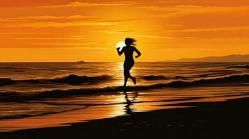 Running on the beach at sunset by the sea photo