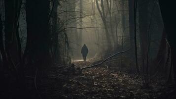 misterioso figura frente a lejos acecho camino en misterioso bosque invierno día sucio texturizado editar foto