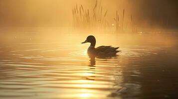 Pato nadando en brumoso estanque a amanecer pacífico alrededores foto