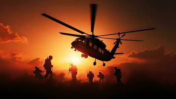 Silhouette soldiers descend from helicopter warning of danger against a sunset background with space for text promoting peace and cessation of hostilities photo