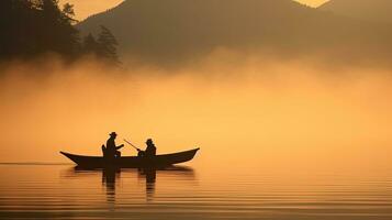 Two fishermen in a small boat on a calm lake obscured by morning fog photo