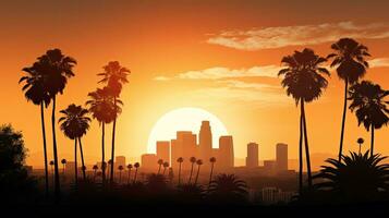 Gorgeous dusk over LA s downtown skyline and palm trees photo