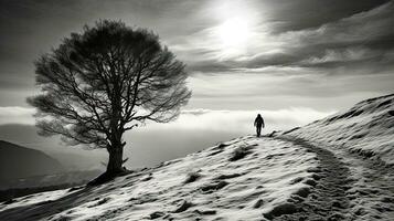 Person on the peak Monochrome photo Snowy scenery Hiking in winter