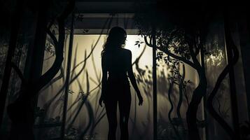 Outline of a thin girl seen through frosty interior glass photo