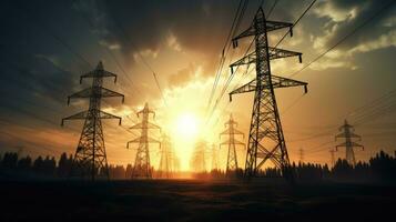 High voltage transmission tower silhouettes consist of intricate steel structures photo