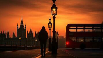 Gentle gothic streetlight on Westminster Bridge framed by blurred London Bus and person amidst fading summer sunset photo