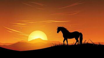 caballo forma en un colina con amanecer y dorado cielo foto