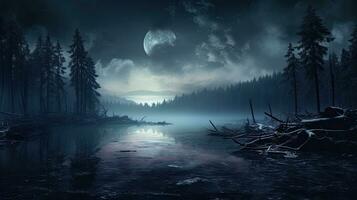 Illustration of a eerie futuristic forest at night with moonlit trees smoky shadows and reflections in water photo