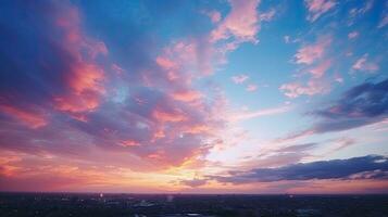 City with vibrant dramatic sunset sky photo