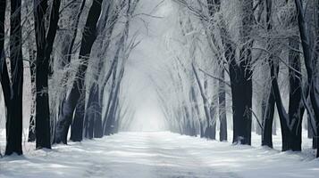 Black tree silhouettes white snow Street view Old forest road Long road photo