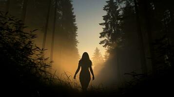 Woman s silhouette in morning mist amid trees photo