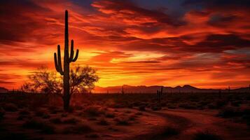 sonora Desierto puesta de sol con saguaro s silueta iluminado foto