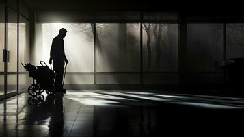 Janitor with cart walking through frosted glass breezeway silhouette photo