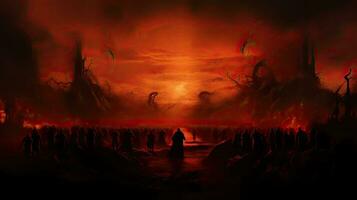 Religiously intense scene fiery sky final judgment eternal damnation fearful figures photo