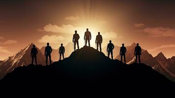 Team silhouette on mountain symbolizes leadership photo